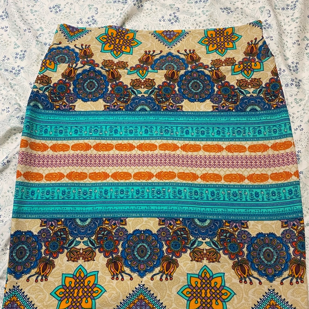 LuLaRoe Blue and Gold Midi Pencil Skirt Resort Wear